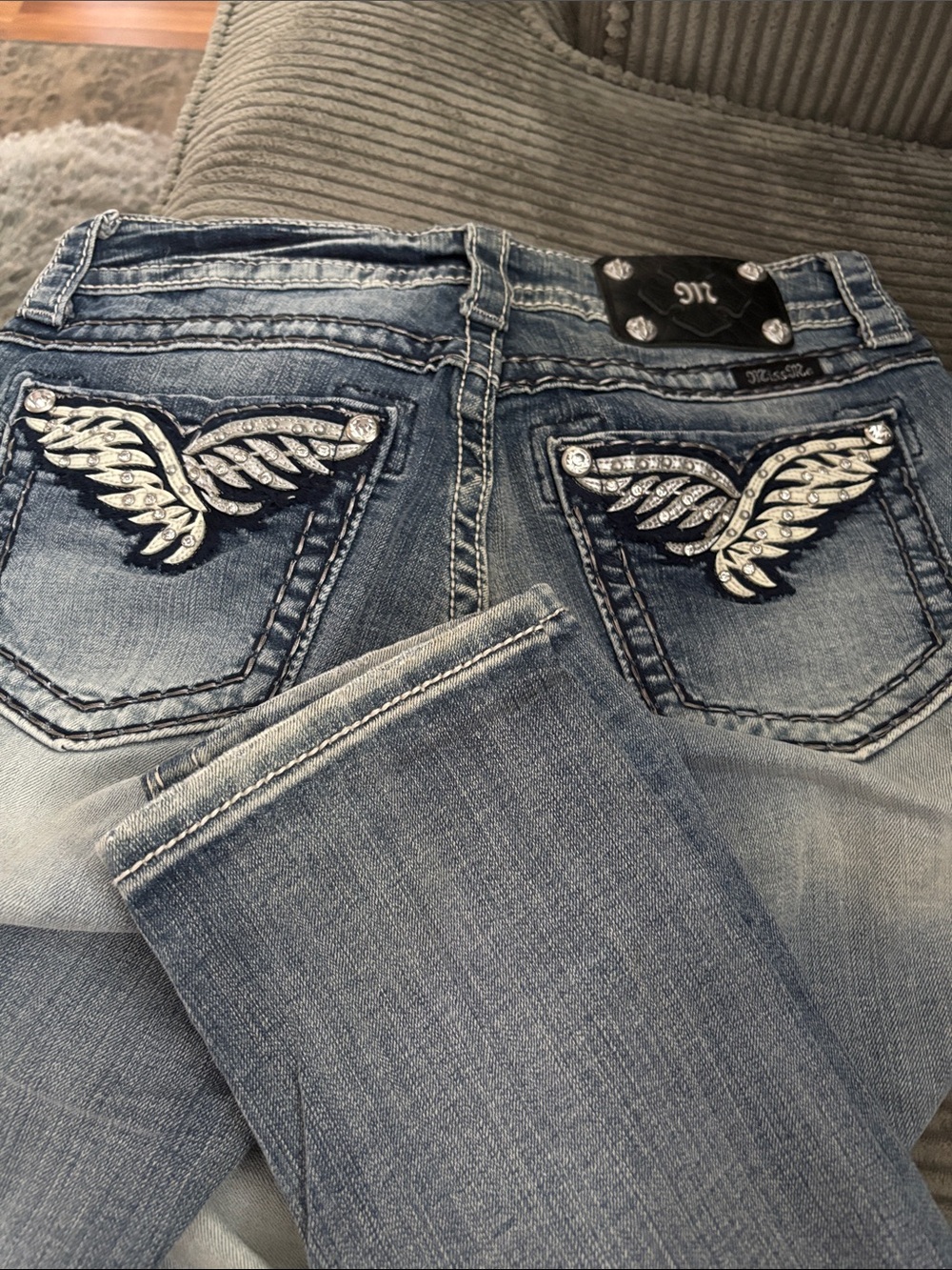 Miss Me Light Blue Embellished Wing Pocket Skinny Jeans